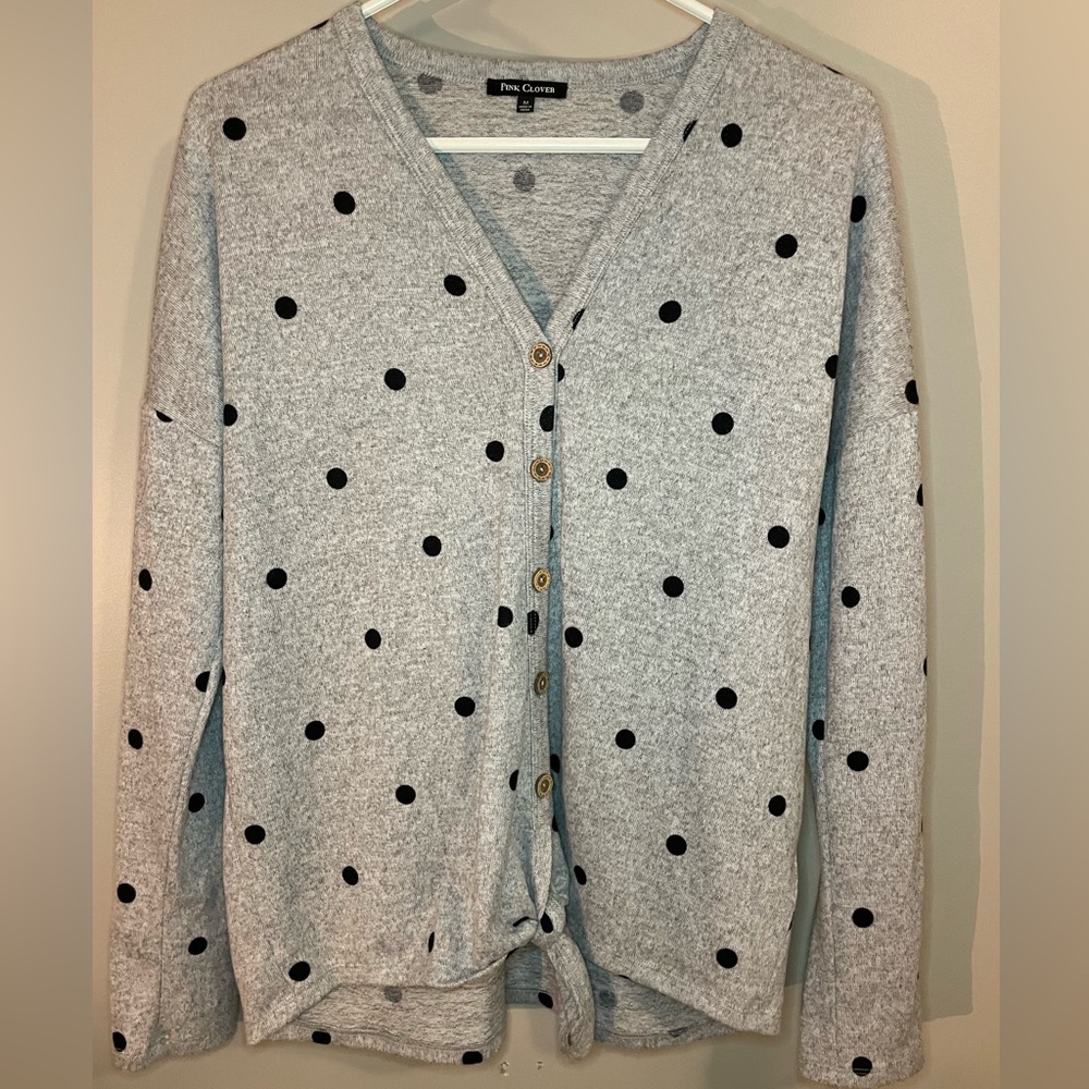 Pink Clover Gray Polka Dot V-Neck Sweater
